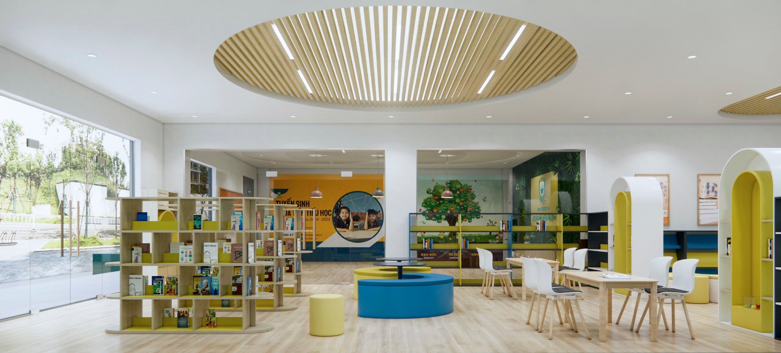 nội thất trường tiểu học, thi công nội thất trường tiểu học, nội thất chuẩn Montensisso, Thiết kế nội thất lớp học, xây dựng lớp học hiện đại